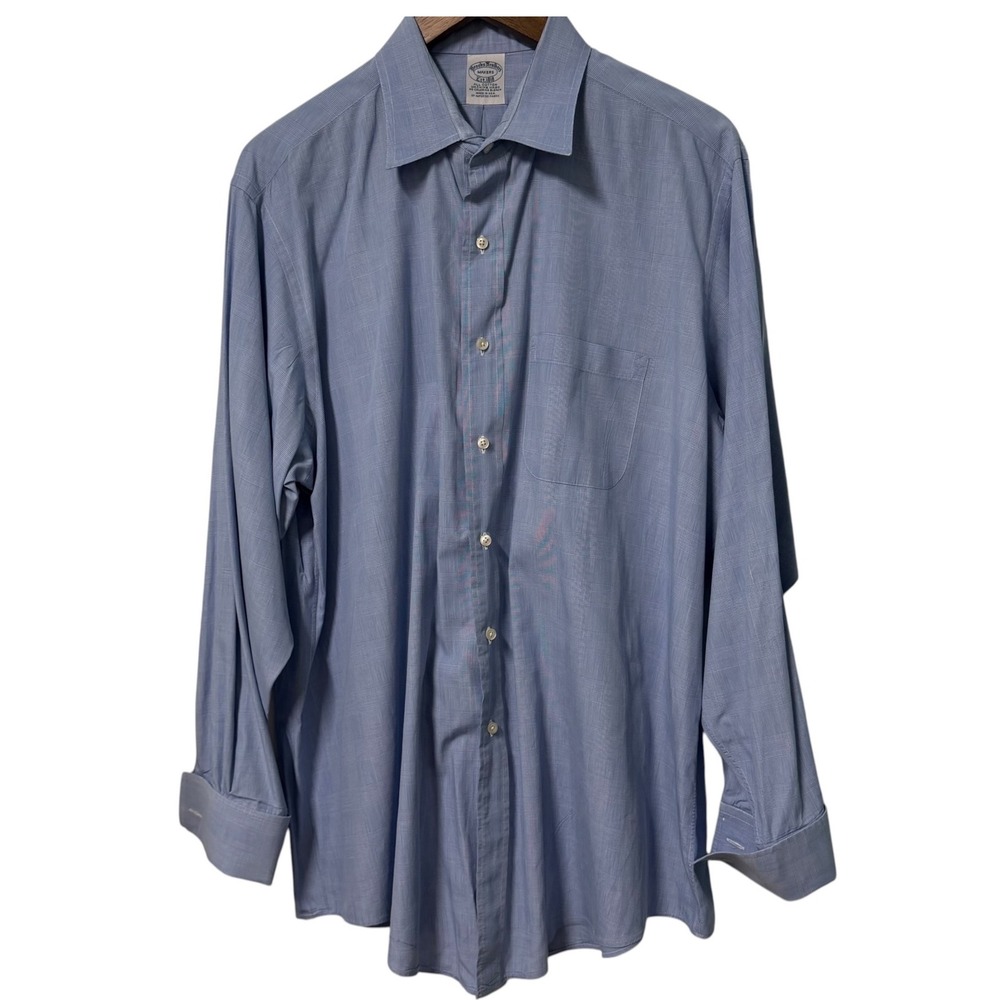 Brooks Brothers Makers Shirt Mens Size 18 Blue Glen Plaid French Cuff USA Made